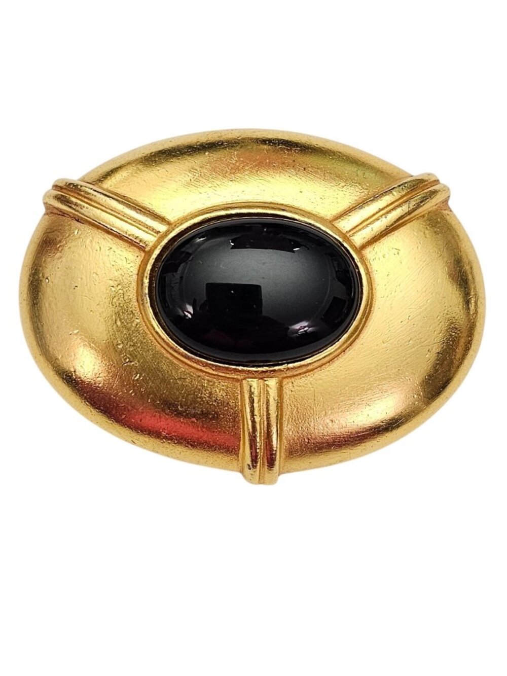 Ben Amun Gold-Tone Oval Modernist Brooch Black Glass Cab Signed, J962